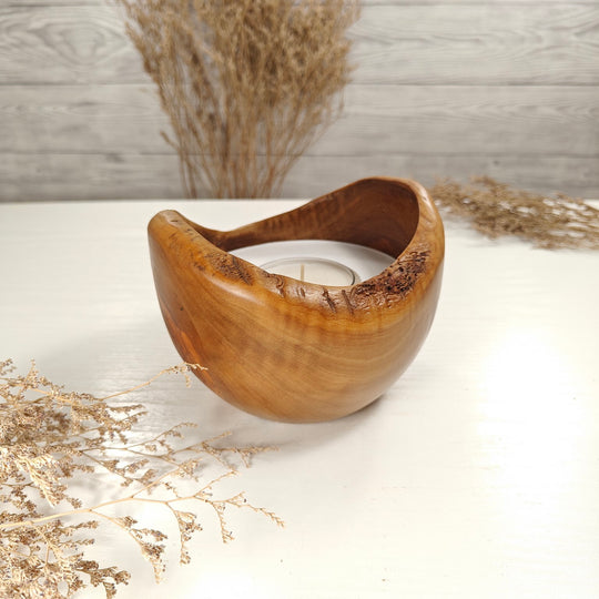 Teelicht-Kerze in Olivenholzschale, TRC-L-00174, D 14cm, 60mm Teelicht