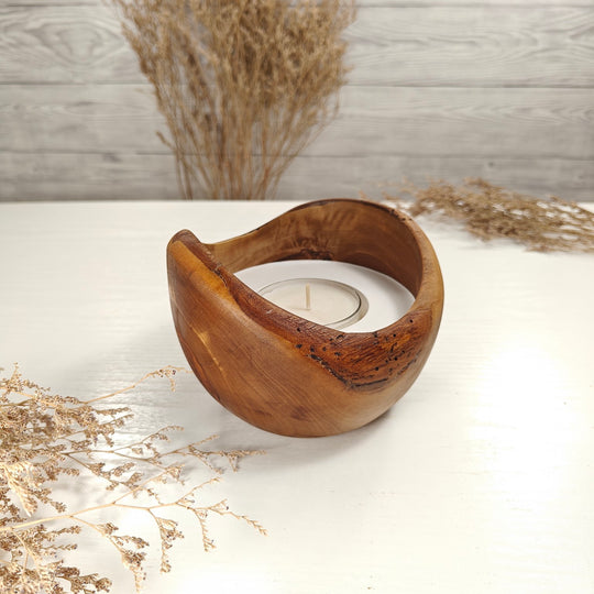 Teelicht-Kerze in Olivenholzschale, TRC-L-00175, D 13cm, 60mm Teelicht