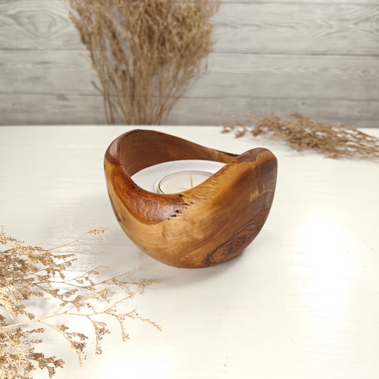 Teelicht-Kerze in Olivenholzschale, TRC-L-00175, D 13cm, 60mm Teelicht
