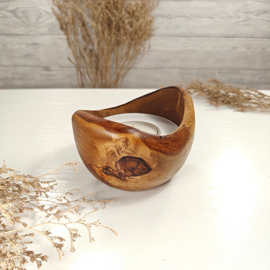 Teelicht-Kerze in Olivenholzschale, TRC-L-00175, D 13cm, 60mm Teelicht