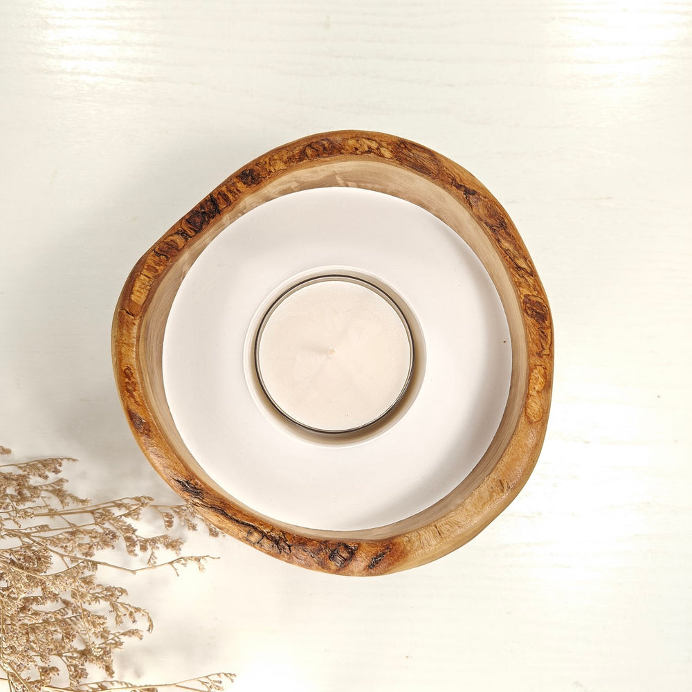 Teelicht-Kerze in Olivenholzschale, TRC-L-00176, D 14cm, 60mm Teelicht