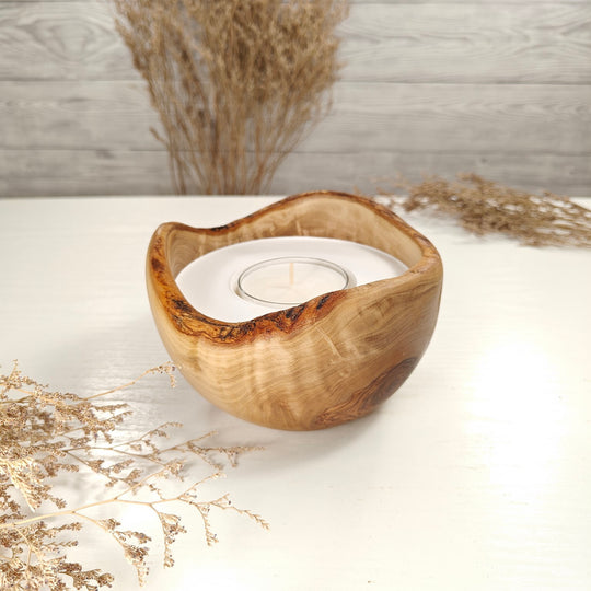 Teelicht-Kerze in Olivenholzschale, TRC-L-00176, D 14cm, 60mm Teelicht