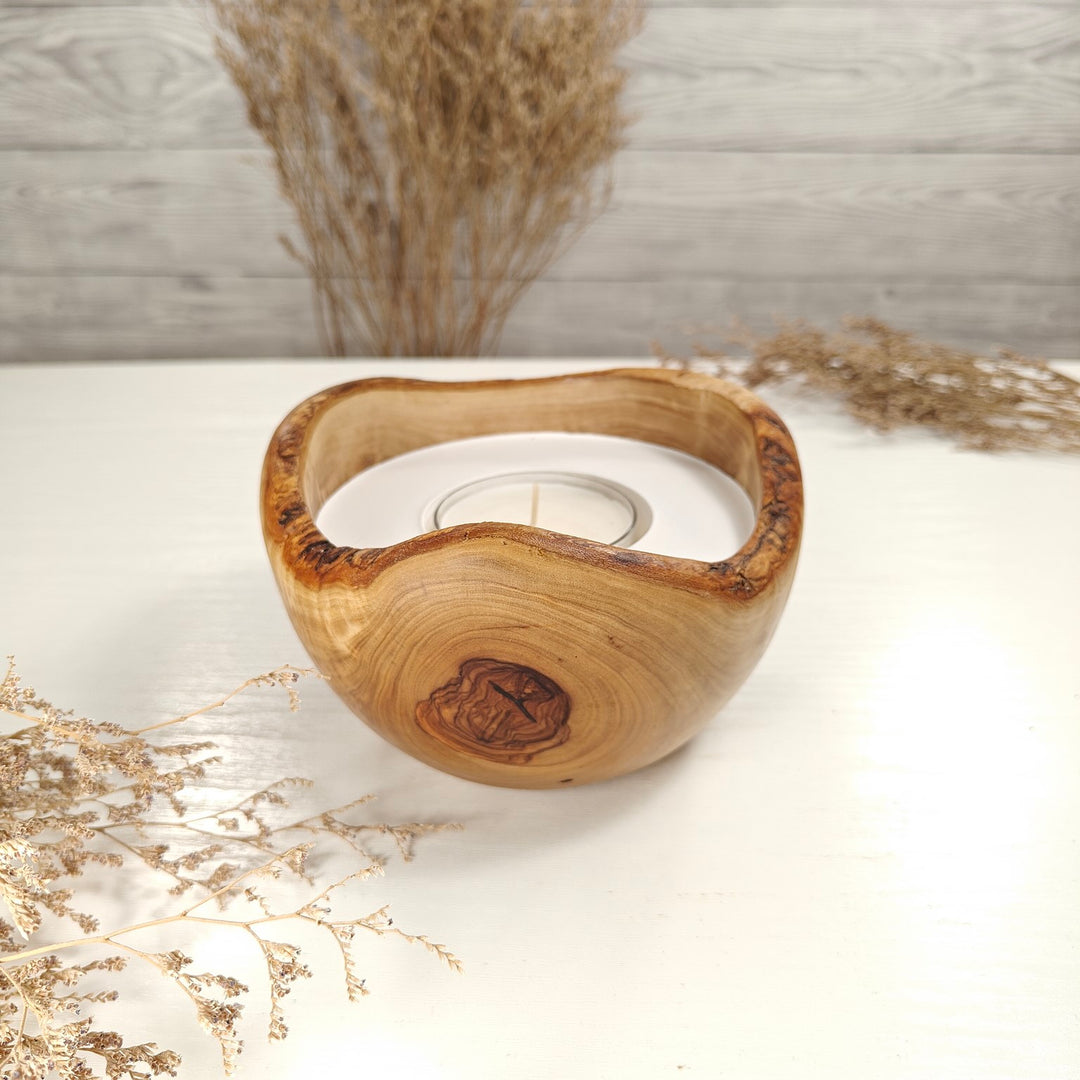 Teelicht-Kerze in Olivenholzschale, TRC-L-00176, D 14cm, 60mm Teelicht