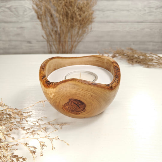 Teelicht-Kerze in Olivenholzschale, TRC-L-00176, D 14cm, 60mm Teelicht