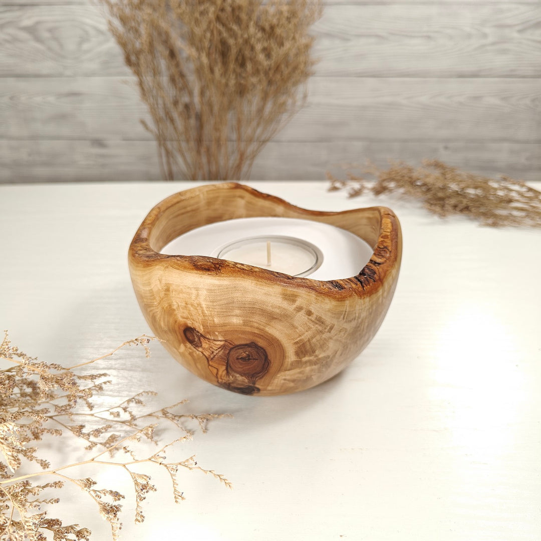 Teelicht-Kerze in Olivenholzschale, TRC-L-00176, D 14cm, 60mm Teelicht