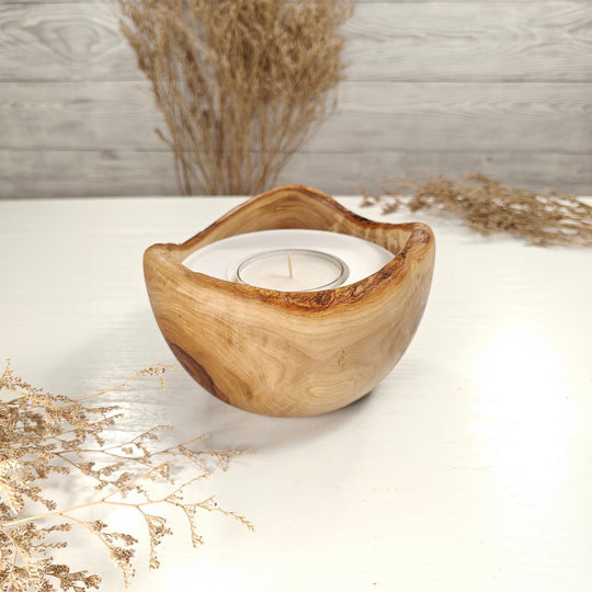 Teelicht-Kerze in Olivenholzschale, TRC-L-00176, D 14cm, 60mm Teelicht