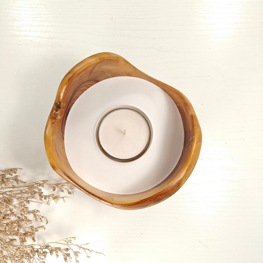 Teelicht-Kerze in Olivenholzschale, TRC-L-00177, D 14cm, 60mm Teelicht