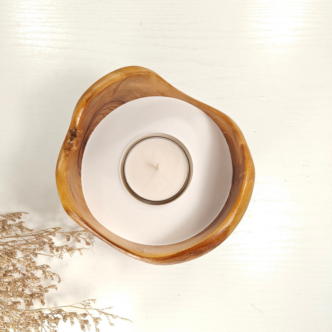 Teelicht-Kerze in Olivenholzschale, TRC-L-00177, D 14cm, 60mm Teelicht