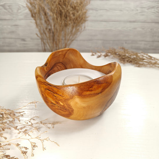 Teelicht-Kerze in Olivenholzschale, TRC-L-00177, D 14cm, 60mm Teelicht