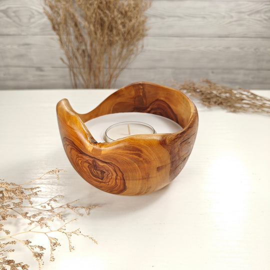 Teelicht-Kerze in Olivenholzschale, TRC-L-00177, D 14cm, 60mm Teelicht