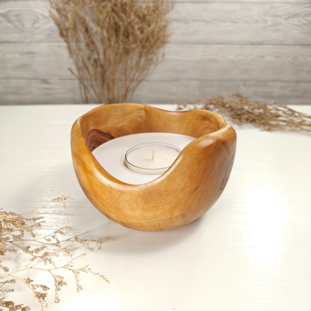 Teelicht-Kerze in Olivenholzschale, TRC-L-00177, D 14cm, 60mm Teelicht