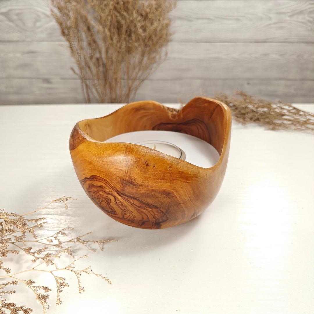 Teelicht-Kerze in Olivenholzschale, TRC-L-00177, D 14cm, 60mm Teelicht