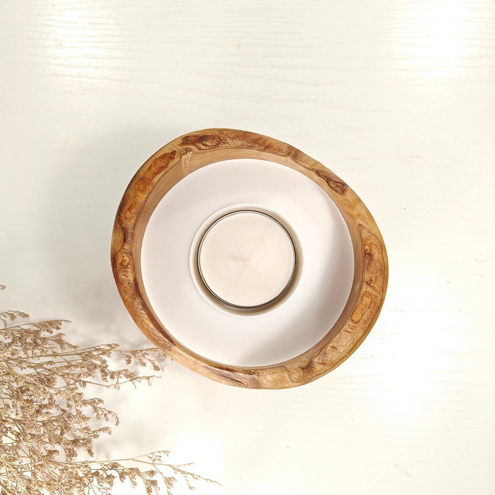 Teelicht-Kerze in Olivenholzschale, TRC-L-00178, D 14cm, 60mm Teelicht