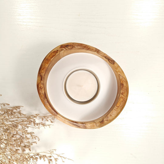 Teelicht-Kerze in Olivenholzschale, TRC-L-00178, D 14cm, 60mm Teelicht