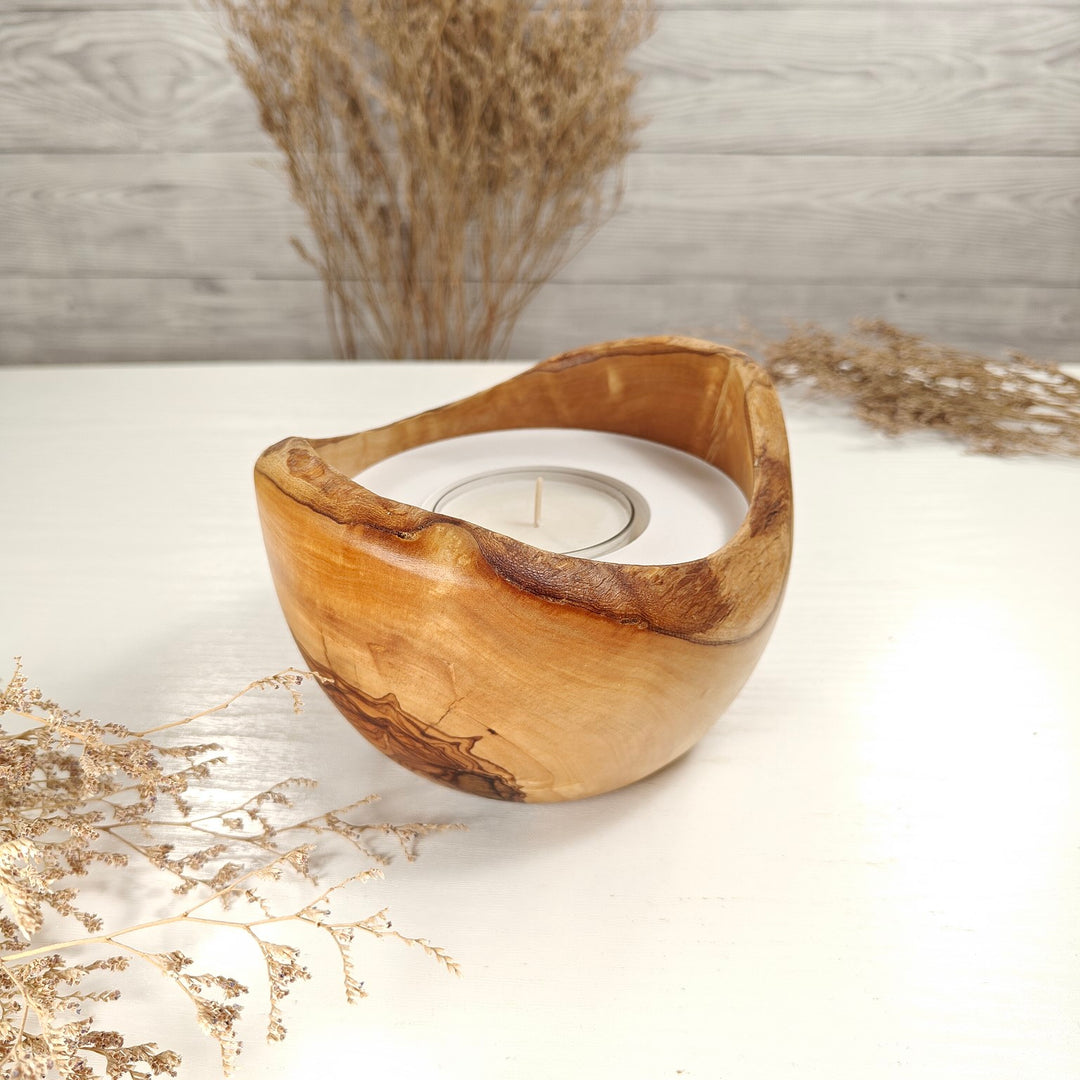 Teelicht-Kerze in Olivenholzschale, TRC-L-00178, D 14cm, 60mm Teelicht