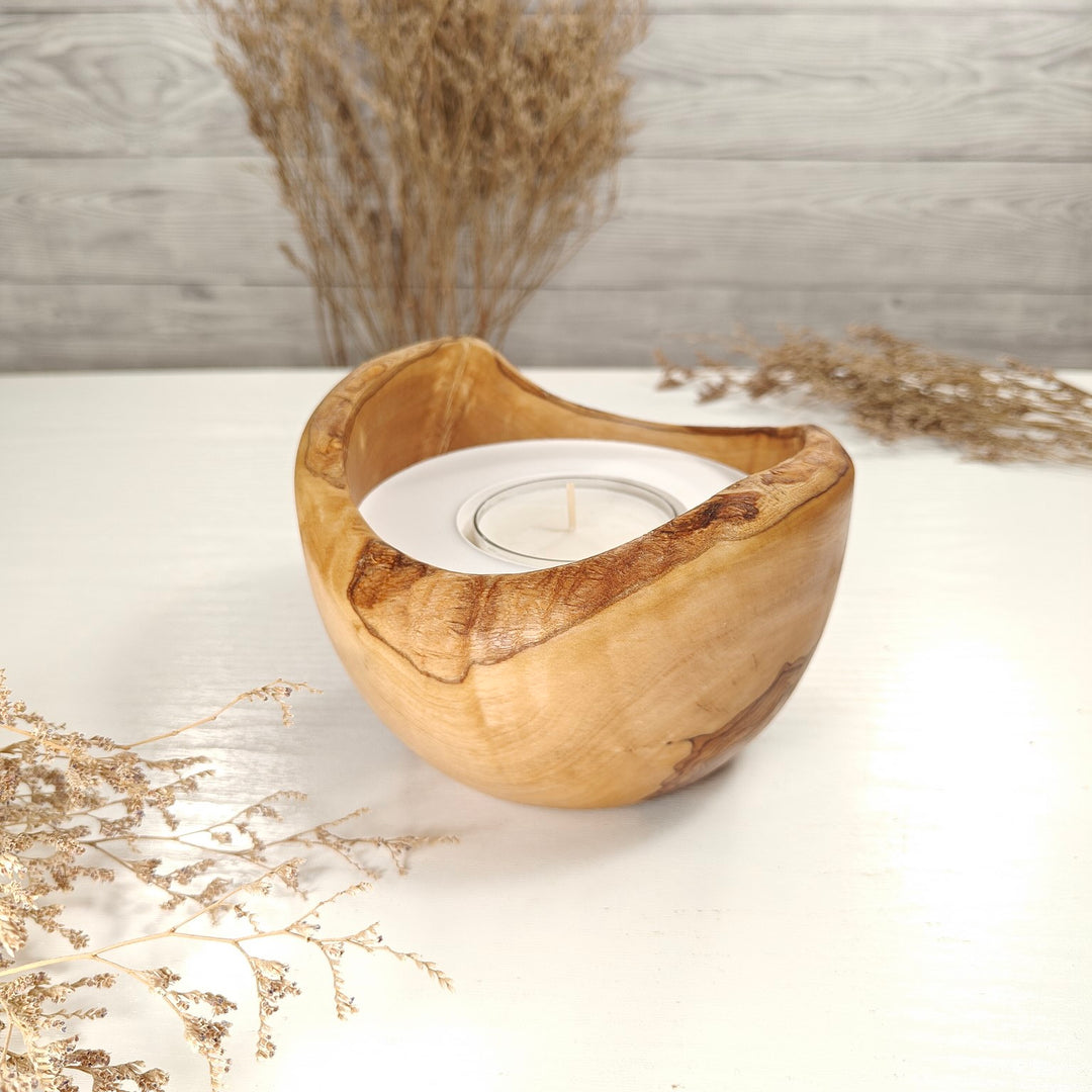 Teelicht-Kerze in Olivenholzschale, TRC-L-00178, D 14cm, 60mm Teelicht