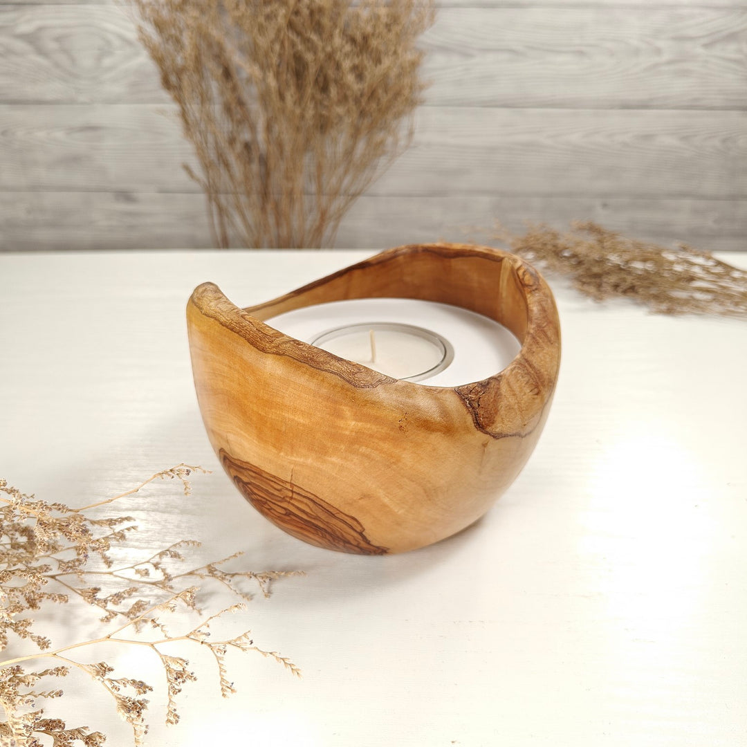 Teelicht-Kerze in Olivenholzschale, TRC-L-00178, D 14cm, 60mm Teelicht