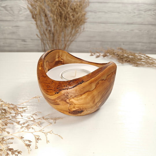 Teelicht-Kerze in Olivenholzschale, TRC-L-00179, D 14cm, 60mm Teelicht