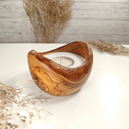 Teelicht-Kerze in Olivenholzschale, TRC-L-00179, D 14cm, 60mm Teelicht