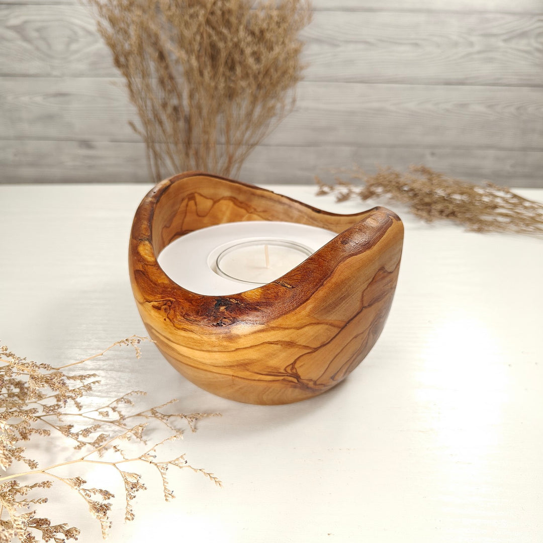 Teelicht-Kerze in Olivenholzschale, TRC-L-00179, D 14cm, 60mm Teelicht