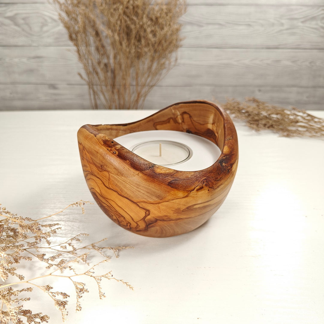 Teelicht-Kerze in Olivenholzschale, TRC-L-00179, D 14cm, 60mm Teelicht