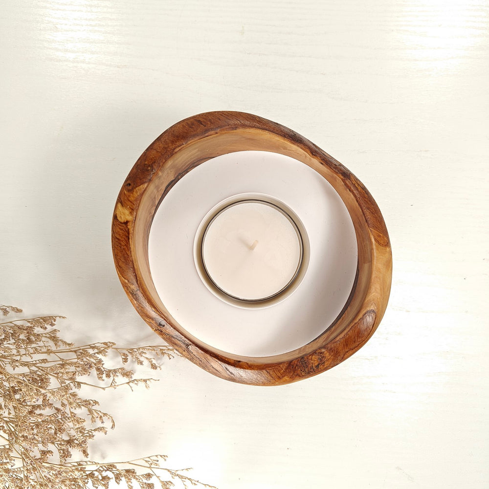 Teelicht-Kerze in Olivenholzschale, TRC-L-00180, D 13cm, 60mm Teelicht