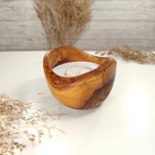 Teelicht-Kerze in Olivenholzschale, TRC-L-00180, D 13cm, 60mm Teelicht