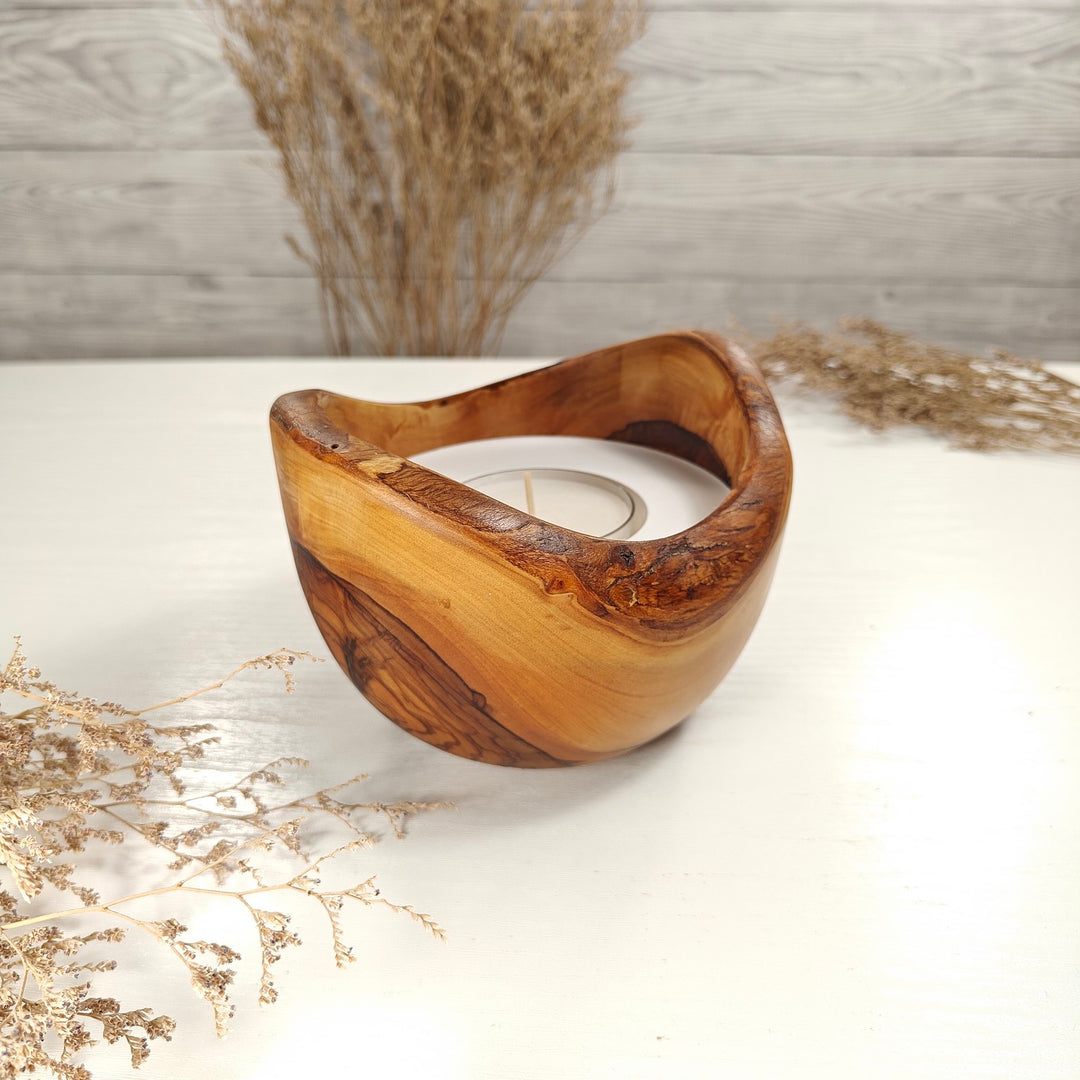 Teelicht-Kerze in Olivenholzschale, TRC-L-00180, D 13cm, 60mm Teelicht