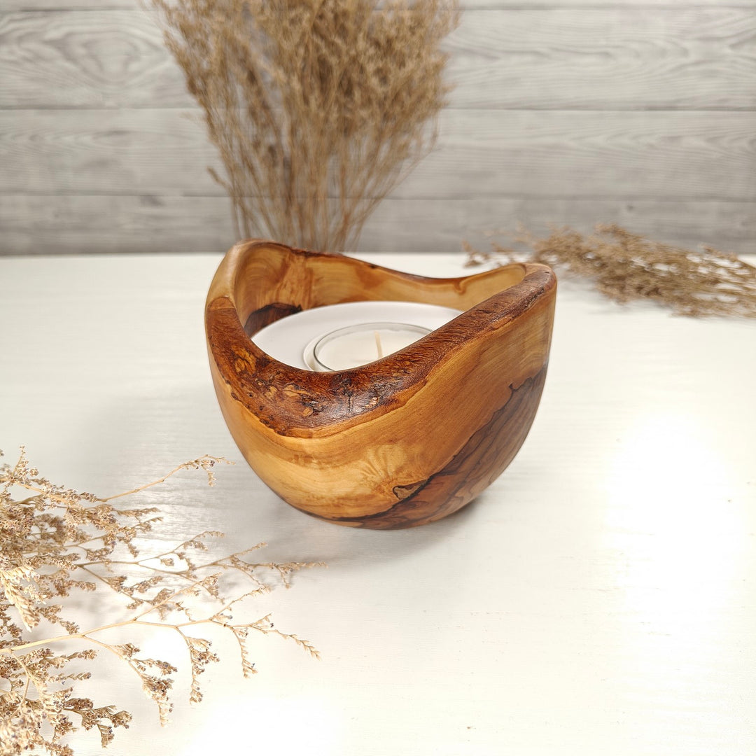 Teelicht-Kerze in Olivenholzschale, TRC-L-00180, D 13cm, 60mm Teelicht