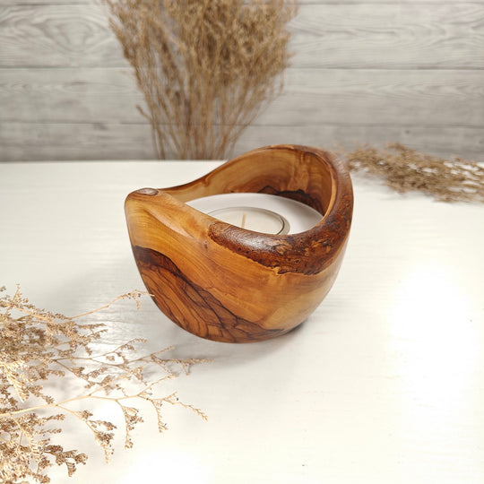Teelicht-Kerze in Olivenholzschale, TRC-L-00180, D 13cm, 60mm Teelicht