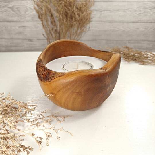 Teelicht-Kerze in Olivenholzschale, TRC-L-00181, D 15cm, 60mm Teelicht