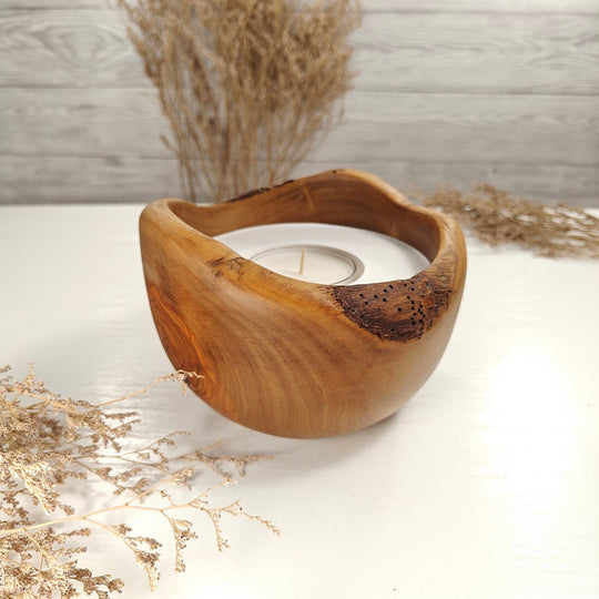 Teelicht-Kerze in Olivenholzschale, TRC-L-00181, D 15cm, 60mm Teelicht