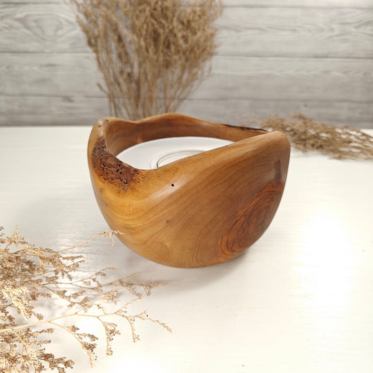 Teelicht-Kerze in Olivenholzschale, TRC-L-00181, D 15cm, 60mm Teelicht