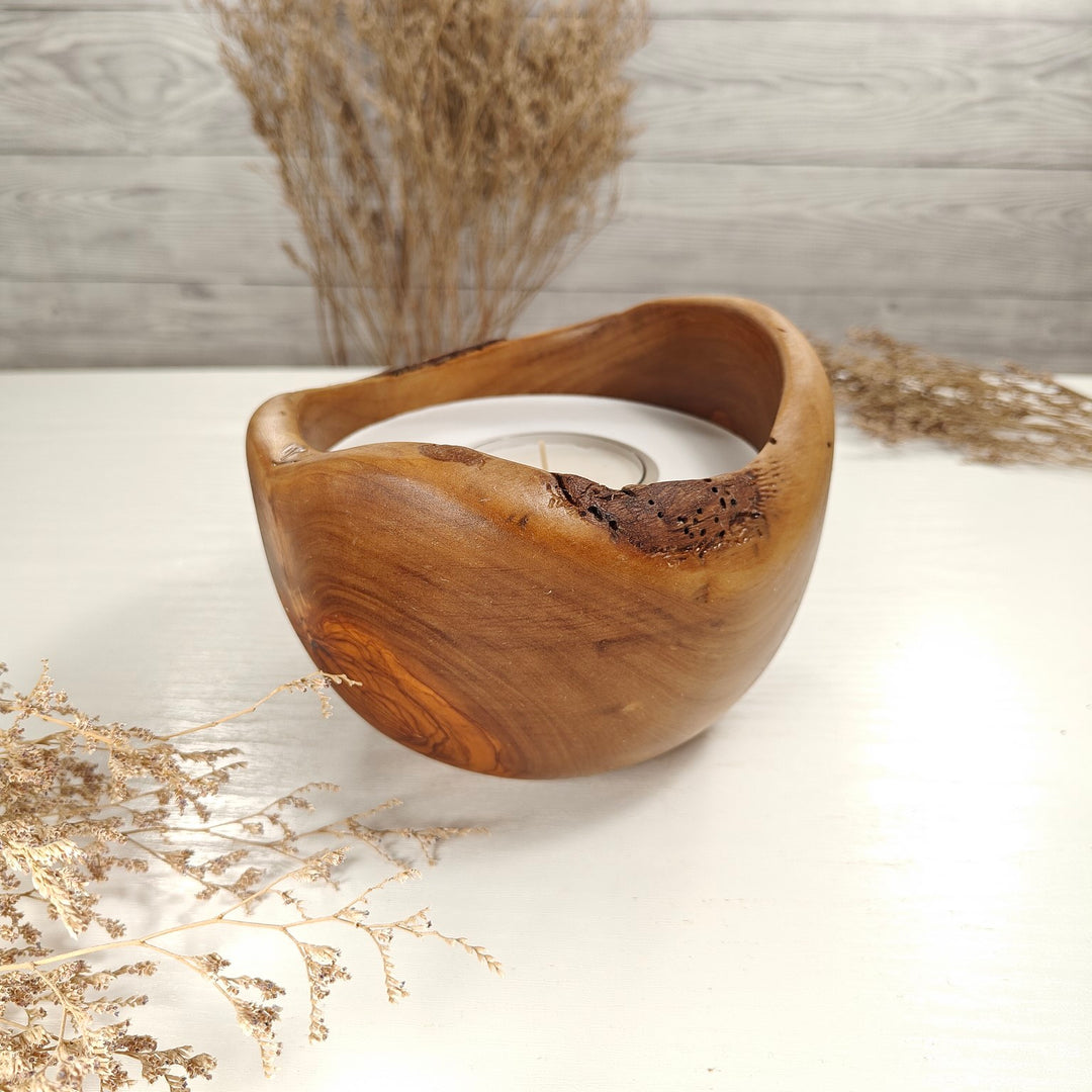 Teelicht-Kerze in Olivenholzschale, TRC-L-00181, D 15cm, 60mm Teelicht