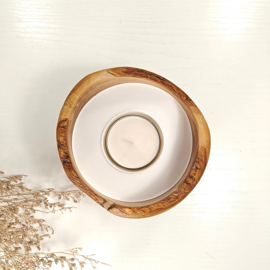 Teelicht-Kerze in Olivenholzschale, TRC-L-00182, D 14cm, 60mm Teelicht