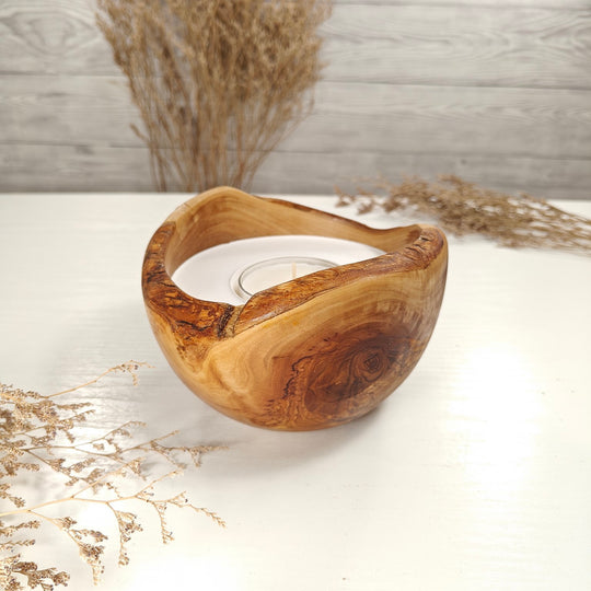 Teelicht-Kerze in Olivenholzschale, TRC-L-00182, D 14cm, 60mm Teelicht