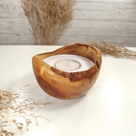Teelicht-Kerze in Olivenholzschale, TRC-L-00182, D 14cm, 60mm Teelicht