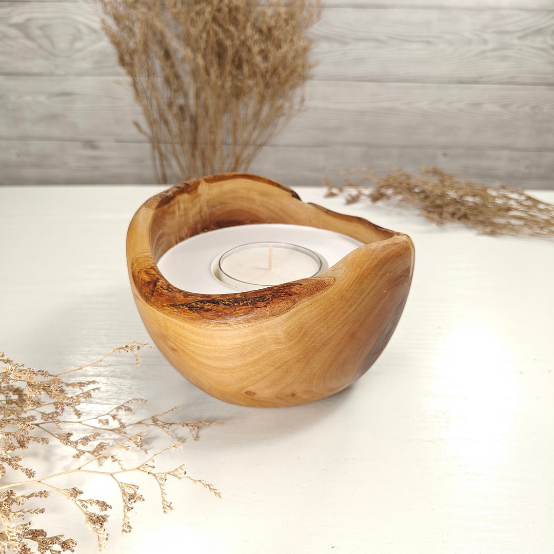 Teelicht-Kerze in Olivenholzschale, TRC-L-00182, D 14cm, 60mm Teelicht