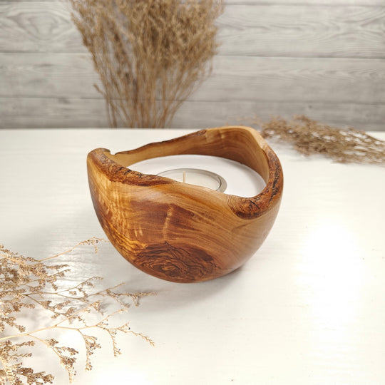 Teelicht-Kerze in Olivenholzschale, TRC-L-00182, D 14cm, 60mm Teelicht