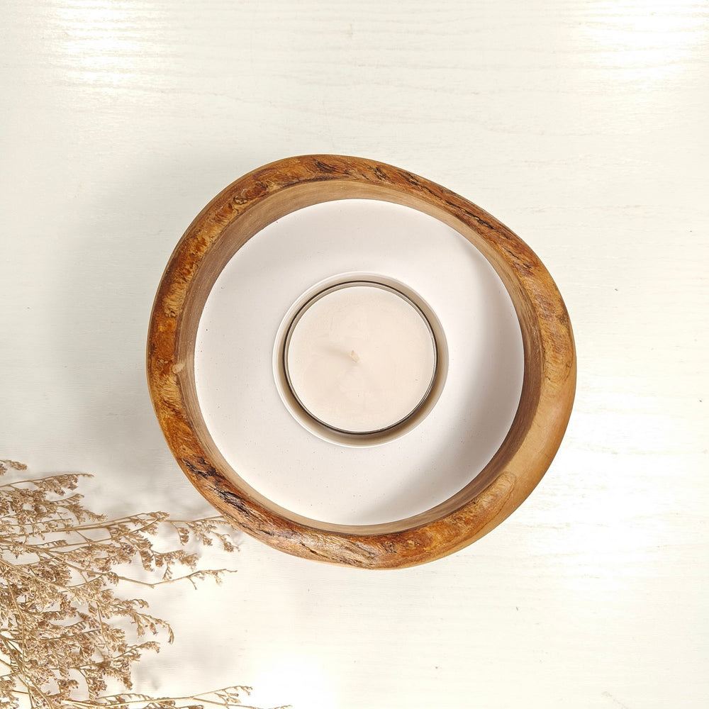 Teelicht-Kerze in Olivenholzschale, TRC-L-00183, D 14cm, 60mm Teelicht