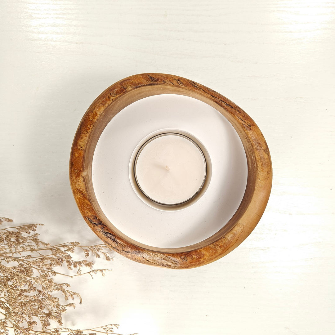Teelicht-Kerze in Olivenholzschale, TRC-L-00183, D 14cm, 60mm Teelicht