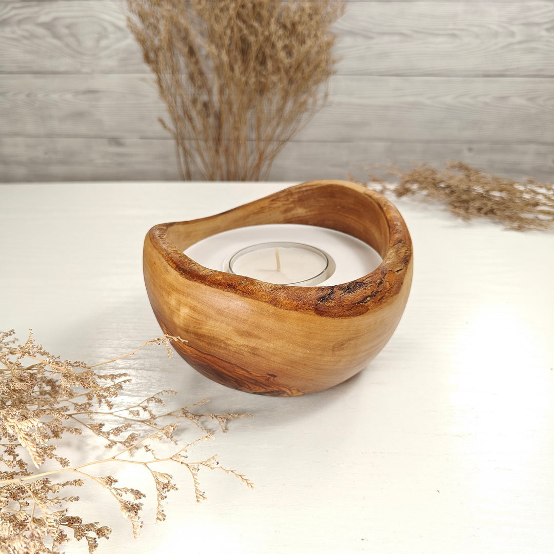 Teelicht-Kerze in Olivenholzschale, TRC-L-00183, D 14cm, 60mm Teelicht