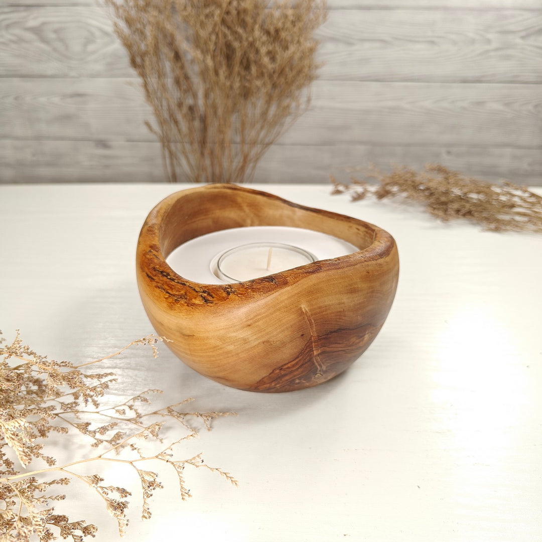 Teelicht-Kerze in Olivenholzschale, TRC-L-00183, D 14cm, 60mm Teelicht