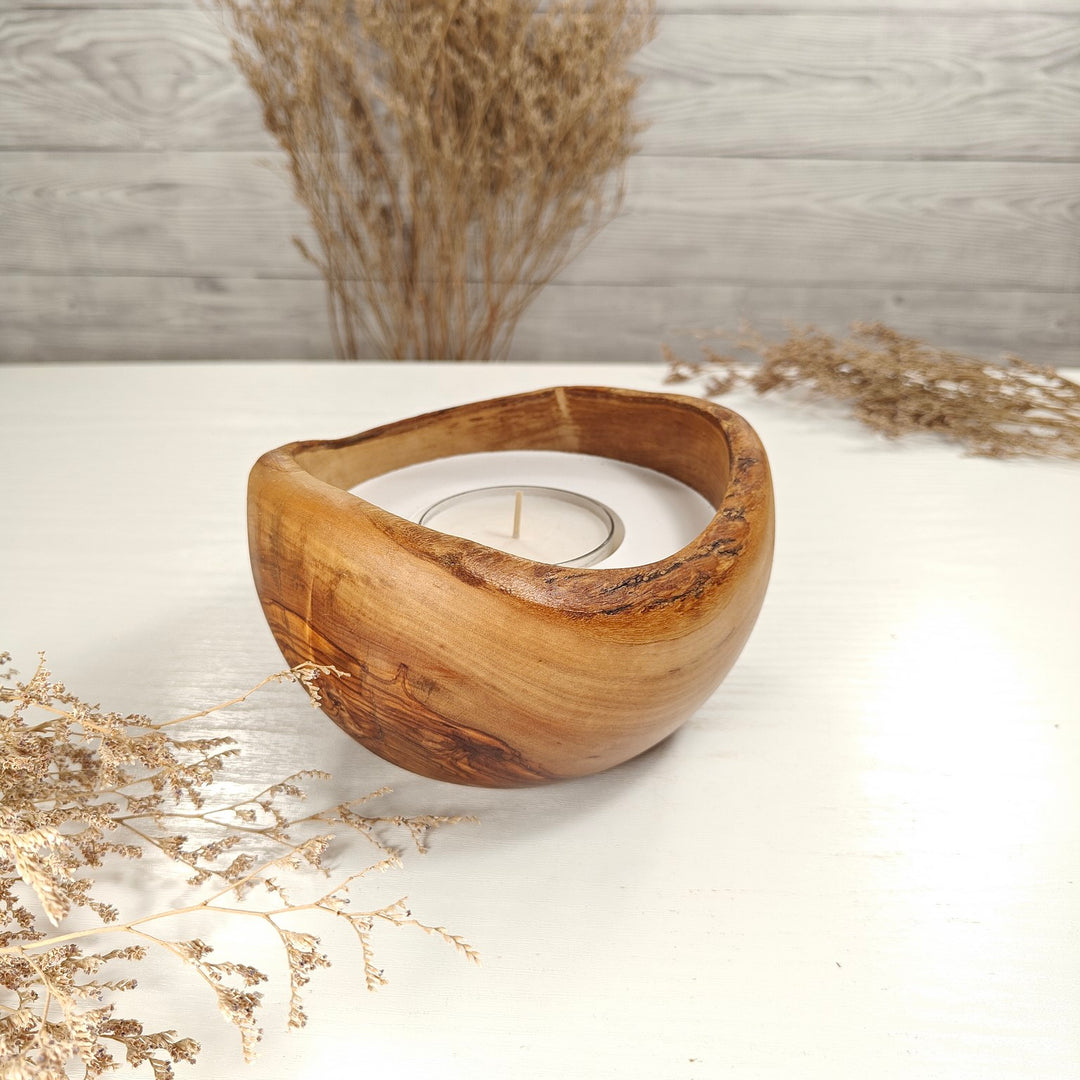 Teelicht-Kerze in Olivenholzschale, TRC-L-00183, D 14cm, 60mm Teelicht