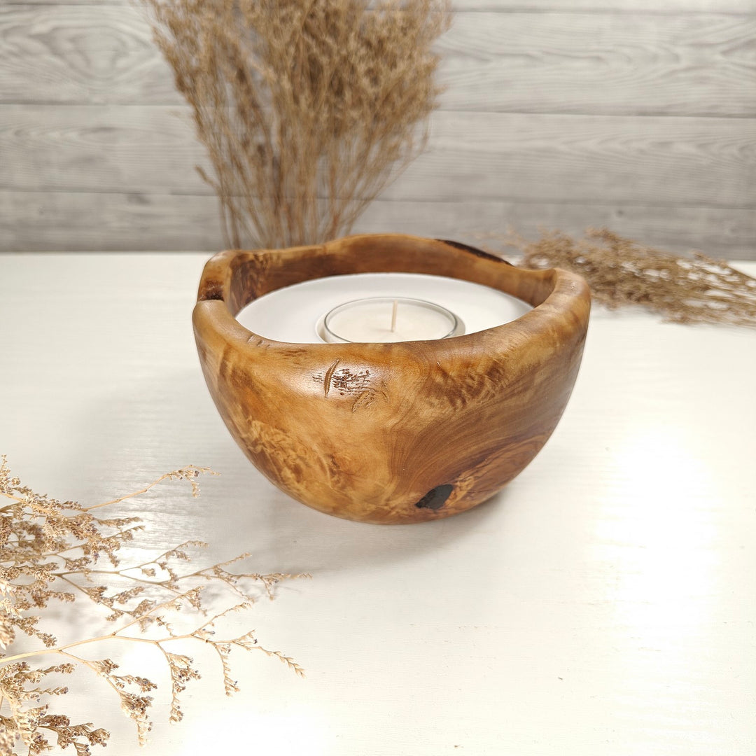 Teelicht-Kerze in Olivenholzschale, TRC-L-00184, D 15cm, 60mm Teelicht