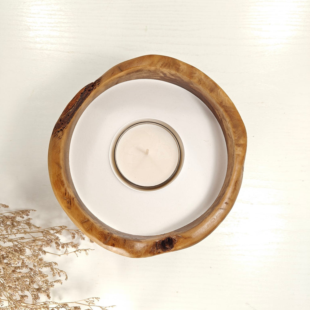 Teelicht-Kerze in Olivenholzschale, TRC-L-00184, D 15cm, 60mm Teelicht