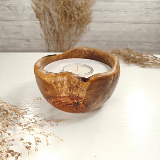 Teelicht-Kerze in Olivenholzschale, TRC-L-00184, D 15cm, 60mm Teelicht