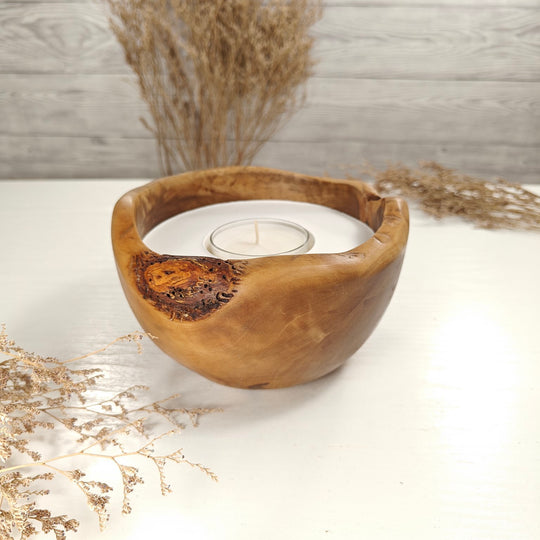 Teelicht-Kerze in Olivenholzschale, TRC-L-00184, D 15cm, 60mm Teelicht