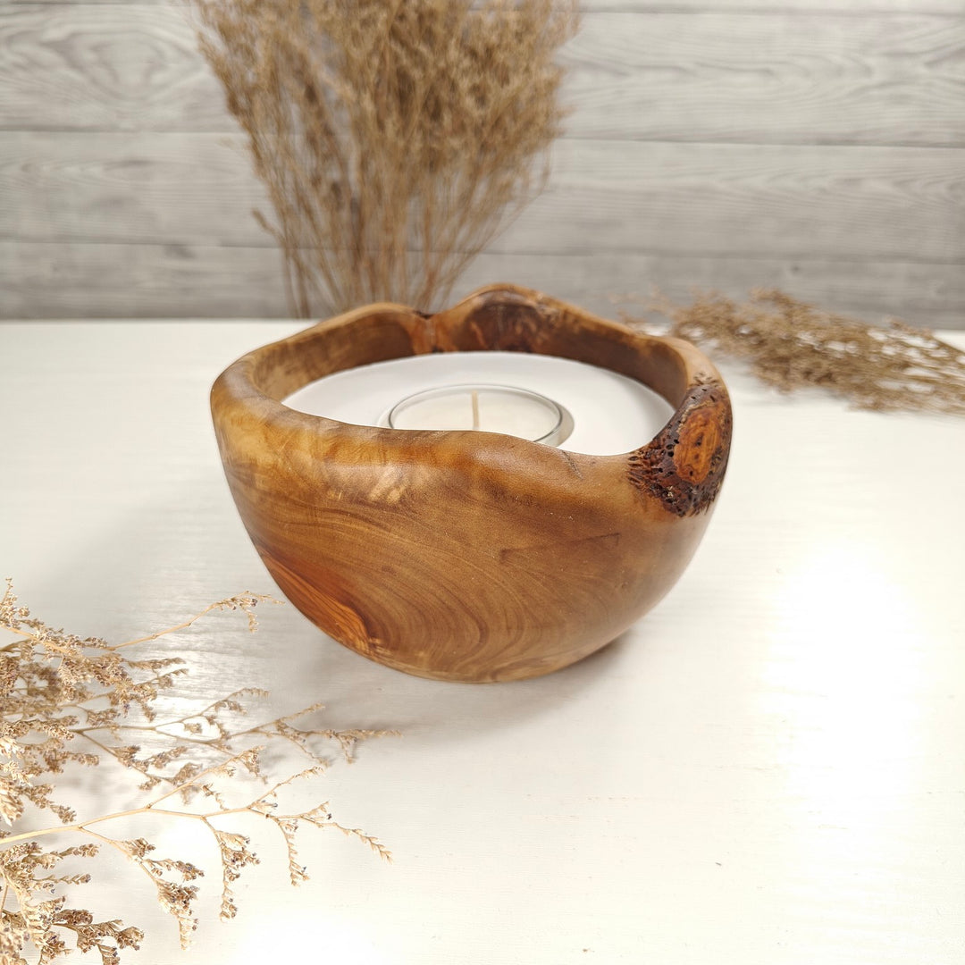 Teelicht-Kerze in Olivenholzschale, TRC-L-00184, D 15cm, 60mm Teelicht