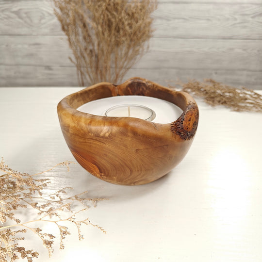 Teelicht-Kerze in Olivenholzschale, TRC-L-00184, D 15cm, 60mm Teelicht